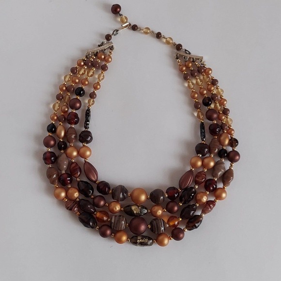Vintage Japan Multi Strand Mix Bead Collar Necklace 15" Glass Brown Gold Estate - Picture 5 of 12